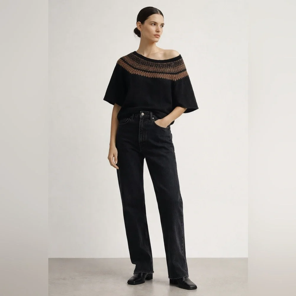 Free People black & brown wool mohair linen blend short sleeve swing sweater. S